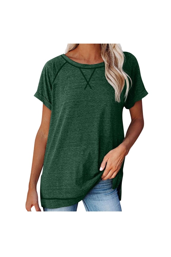 ICHUANYI Women's Solid Color Short Sleeve Casual Crew Neck Side Split Stylish T Shirt Short Sleeve Crew Neck Top Cloth New Trending