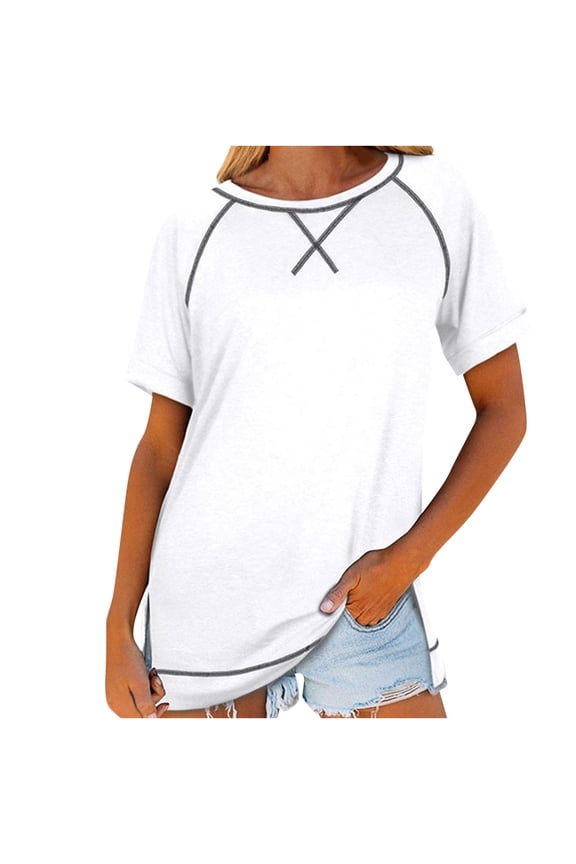 ICHUANYI Women's Solid Color Short Sleeve Casual Crew Neck Side Split Stylish T Shirt Short Sleeve Crew Neck Top Cloth New Trending