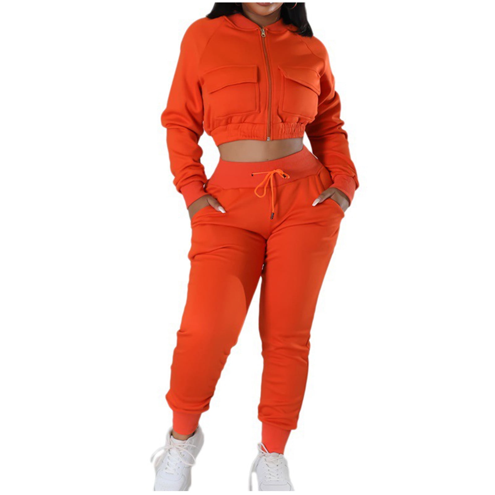 ICHUANYI Women's Solid Two Piece Tracksuit Trendy Set Long Sleeve ...