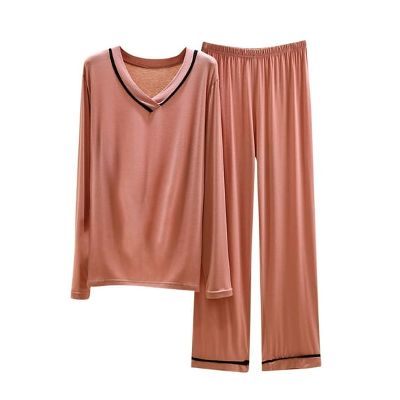 ICHUANYI Women's Spring Summer Thin Solid V-Neck Large Casual Wear Two Piece Pajama Set Clearance