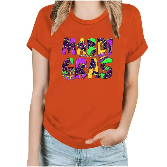 ICHUANYI Women's Stylish Crewneck Mardi Gras Loose Shirt Print Short Sleeve T-shirt Casual Tops Cloth New Trending