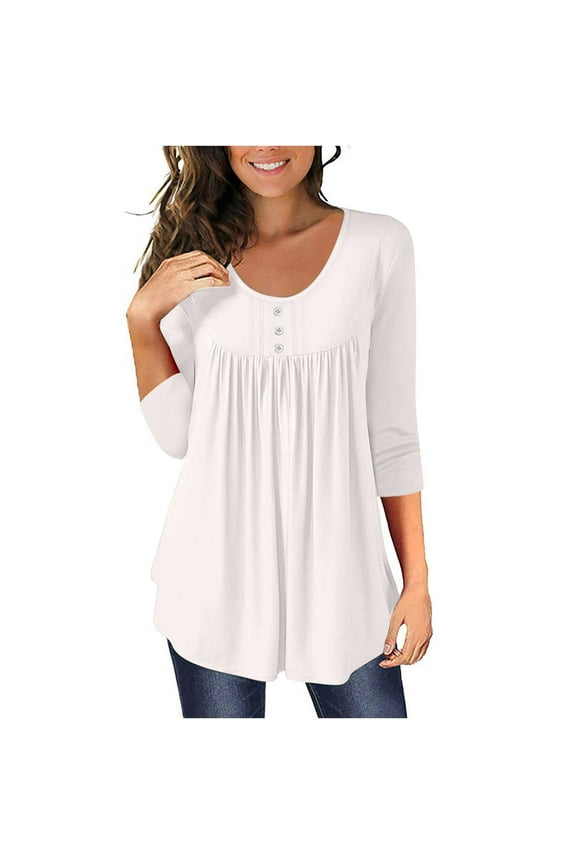 ICHUANYI Women's Summer Casual Mid-length 3/4 Sleeves Blouse Crew Neck Tops T-Shirt New Trend