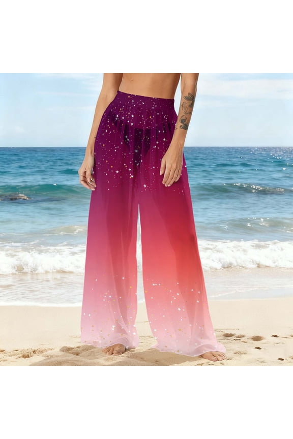 ICHUANYI Women's Summer Chiffon Lightweight Bathing Suit Cover Up Bohemian Style Printed Swim Beach Pants Wide Leg Swimsuit Coverup Pants