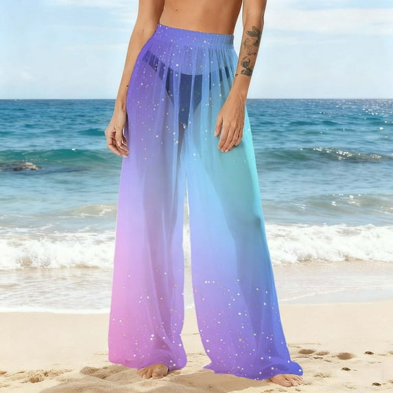 ICHUANYI Women's Summer Chiffon Lightweight Bathing Suit Cover Up Bohemian Style Printed Swim Beach Pants Wide Leg Swimsuit Coverup Pants
