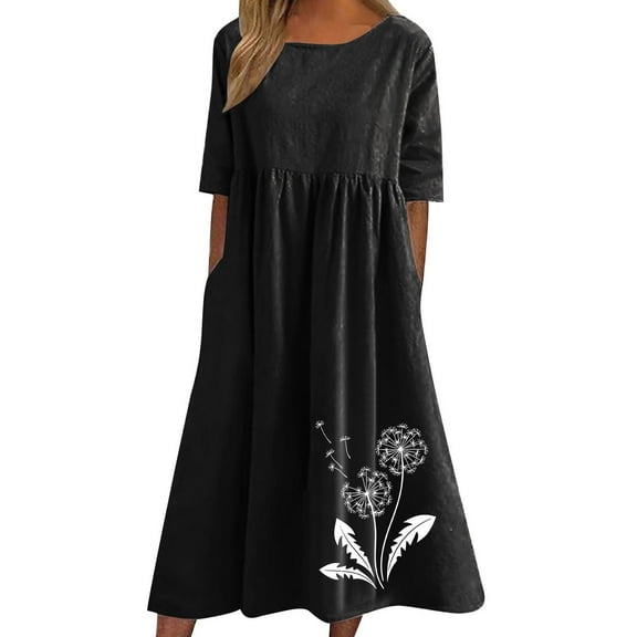 ICHUANYI Women's Summer Crew Neck Print Cotton And Linen Casual Short Sleeve Dress