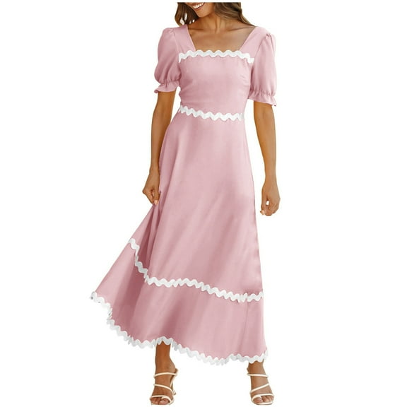 ICHUANYI Women's Summer Dresses 2024 Neck Short Puff Sleeve Smocked Tie Back Beach Vacation Flowy Long Maxi Dress