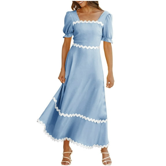 ICHUANYI Women's Summer Dresses 2024 Neck Short Puff Sleeve Smocked Tie Back Beach Vacation Flowy Long Maxi Dress