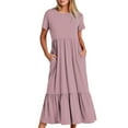 thumbnail image 1 of ICHUANYI Women's Summer Long Dress Casual Short Sleeve Crewneck Dress Casual Maxi Beach Dress With Pockets, 1 of 5