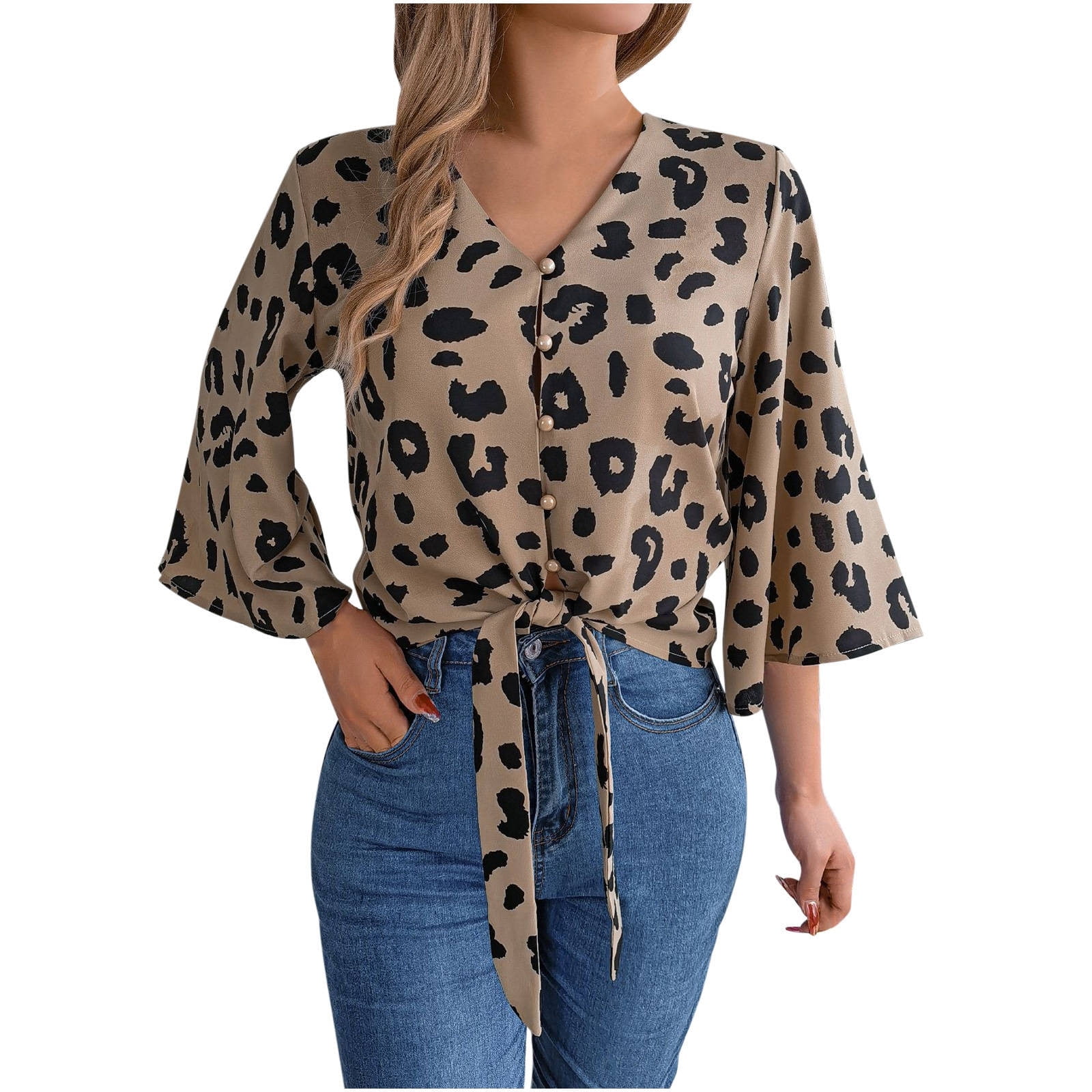 ICHUANYI Women's Summer Shirts Casual Leopard Print Tie Chiffon Blouse ...
