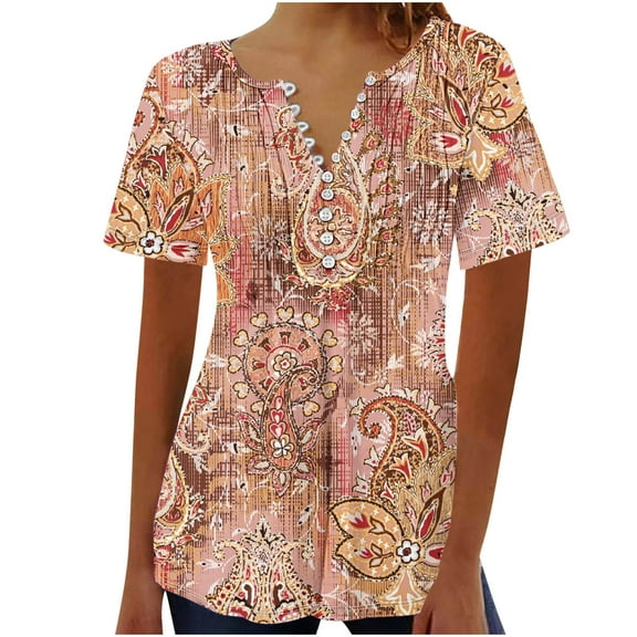 ICHUANYI Women's Summer Top Fashion Casual V Neck Short Sleeve T Shirt Floral Print Button Pleated Basic Shirts Tunic Tops
