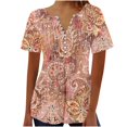 thumbnail image 1 of ICHUANYI Women's Summer Top Fashion Casual V Neck Short Sleeve T Shirt Floral Print Button Pleated Basic Shirts Tunic Tops, 1 of 5