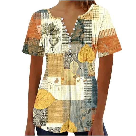 ICHUANYI Women's Summer Top Fashion Casual V Neck Short Sleeve T Shirt Print Button Pleated Basic Shirts Tunic Tops