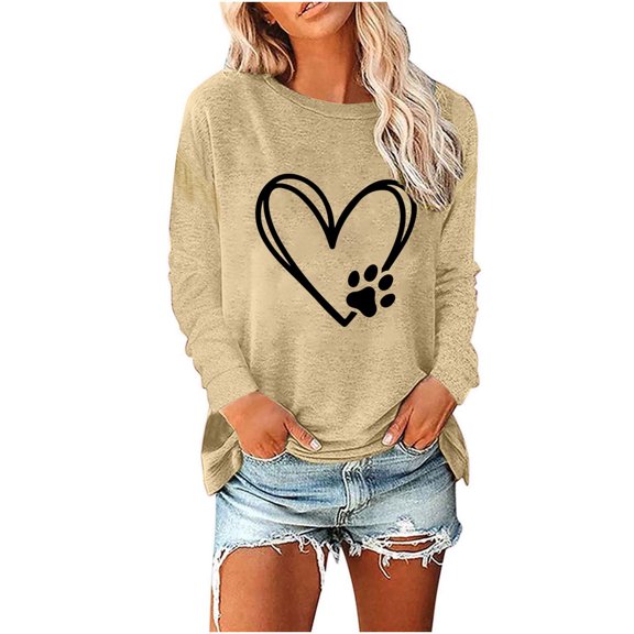 ICHUANYI Women's Sweatshirts Heart Print Crew Neck Shirts Pullover Long Sleeve Casual Tops