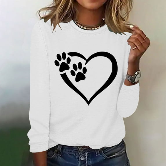 ICHUANYI Women's Sweatshirts Print Crew Neck Pullover Long Sleeve Casual Shirts Valentine's Day Christmas Dog Paw Heart Print Blouse Top