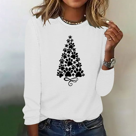 ICHUANYI Women's Sweatshirts Print Crew Neck Pullover Long Sleeve Casual Shirts Valentine's Day Christmas Dog Paw Heart Print Blouse Top