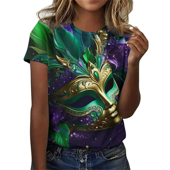 ICHUANYI Women's T-shirt Fashion Casual Short Sleeve Mardi Gras Print Crew Neck Top Cloth New Trending