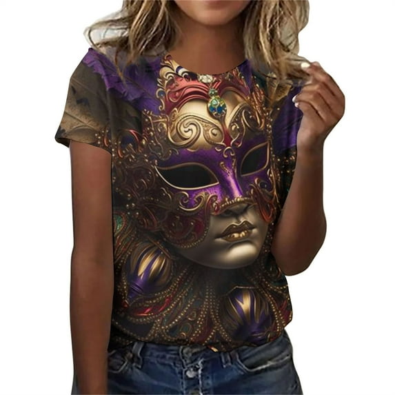 ICHUANYI Women's T-shirt Mardi Gras Fashion Casual Short Sleeve Crew Neck Tops Cloth New Trending