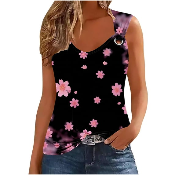 ICHUANYI Women's Tank Tops Fashion Sleeveless Print Crew Neck Shirts T Shirt Casual Summer Tee