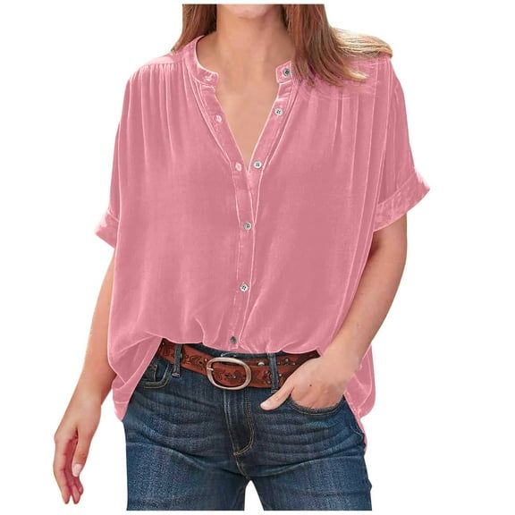 ICHUANYI Women's Temperament Gold Velvet Solid Color Short Sleeve Crew Neck Button Up Folded Shirt Top Cloth New Trending