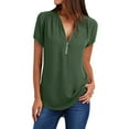 thumbnail image 1 of ICHUANYI Women's Tops Casual V Neck Chiffon Blouses Short Sleeve Solid Zip Up Down Shirts Trending 2024, 1 of 6
