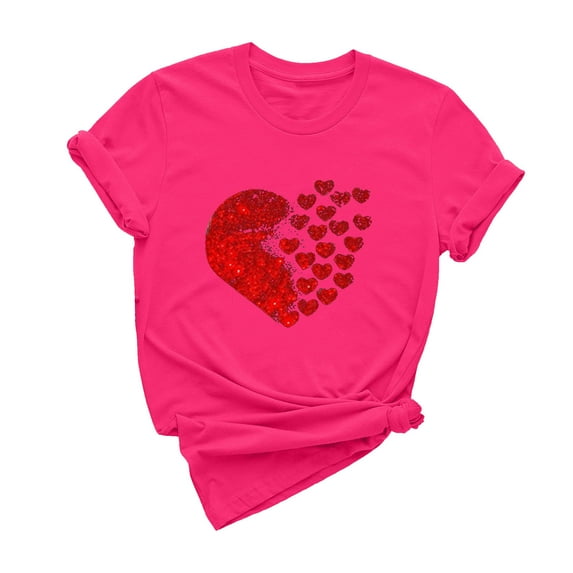 ICHUANYI Women's Tops Fashion Casual Crew Neck Short Sleeve Shirts Valentine's Day Print T-shirt Cloth New Trending