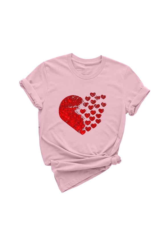 ICHUANYI Women's Tops Fashion Casual Crew Neck Short Sleeve Shirts Valentine's Day Print T-shirt Cloth New Trending