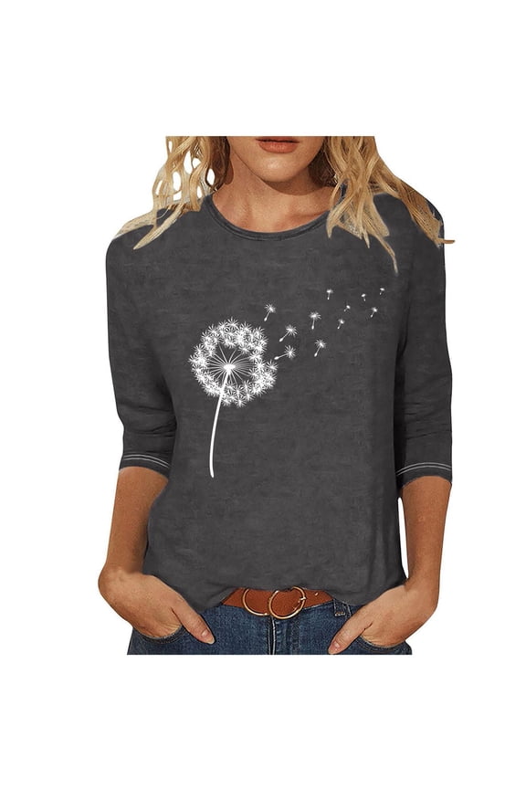ICHUANYI Women's Tops Fashion Flower Print Crew Neck 3/4 Sleeves T-shirt Casual Shirts
