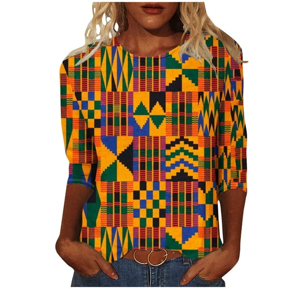 ICHUANYI Women's Tops Fashion Print T-shirt 3/4 Sleeves Shirts Crew Neck Casual Tee