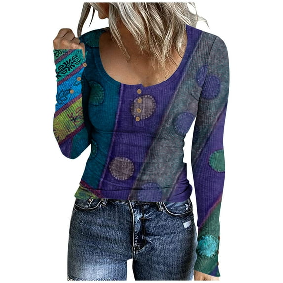 ICHUANYI Women's Tops Trendy Long Sleeve Henley T Shirts Colorblock Crew Neck Ribbed Knit Basic Shirts Button Slim Fit Tees