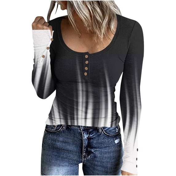 ICHUANYI Women's Tops Trendy Long Sleeve Henley T Shirts Printed Scoop Neck Ribbed Knit Basic Shirts Button Slim Fit Tees