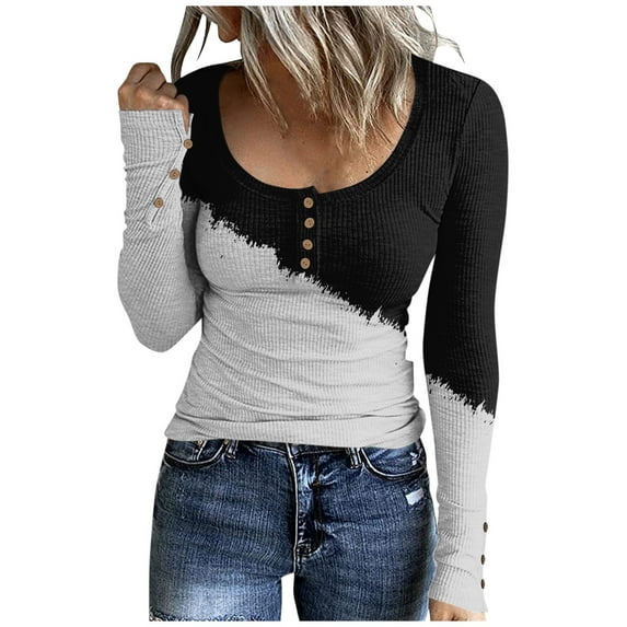 ICHUANYI Women's Tops Trendy Long Sleeve Henley T Shirts Printed Scoop Neck Ribbed Knit Basic Shirts Button Slim Fit Tees