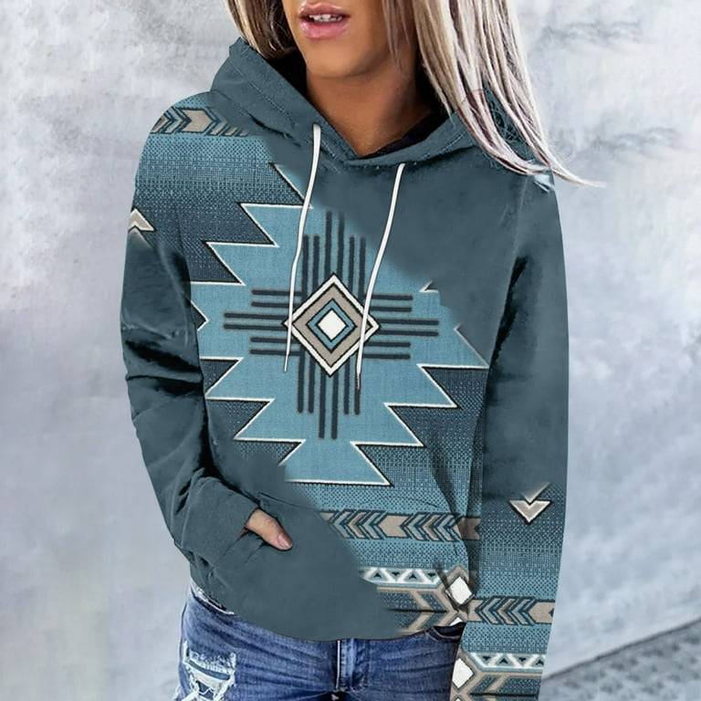 ICHUANYI Women's Trend Oversized Boho Hoodies Geometric Print Long Sleeve  Sweatshirts Drawstring Pullover Shirts with Kangaroo Pocket
