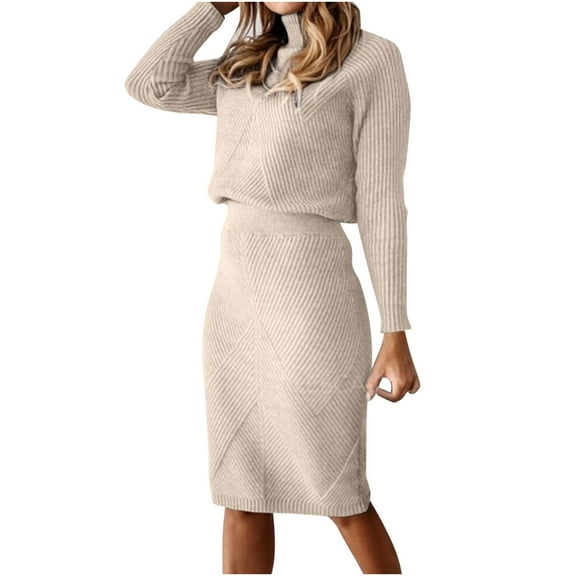 ICHUANYI Women's Trendy 2 Piece Skirts Outfits Long Sleeve Knit Pullover Sweater Dresses Set Fall Winter Clothing