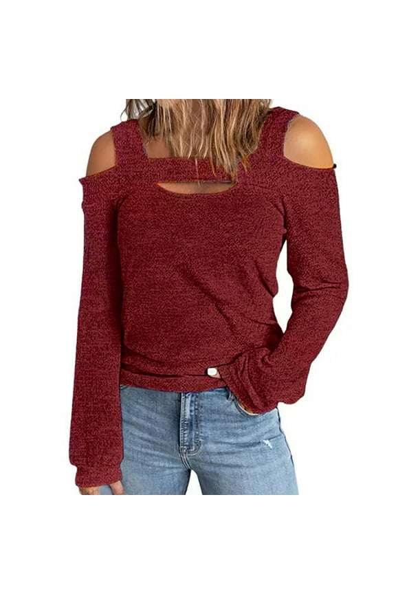 ICHUANYI Women's Trendy Cusal Keyhole Neck Pullover Off Shoulder Long Sleeve Lightweight Sweatshirts Solid Color Shirt