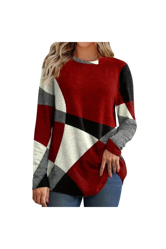ICHUANYI Women's Trendy Long Sleeve Crew Neck Cute Geometric Print Tops Fall Winter Clothing 2023