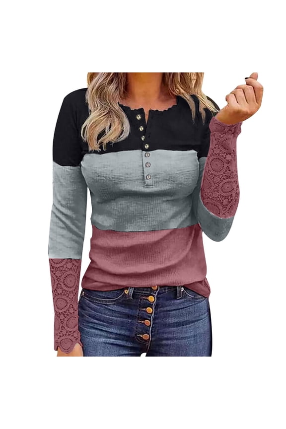 ICHUANYI Women’s Trendy Long Sleeve Tops Crewneck Lace Colorblock Casual Blouses Pullover Shirts Fall Winter Clothing 2023