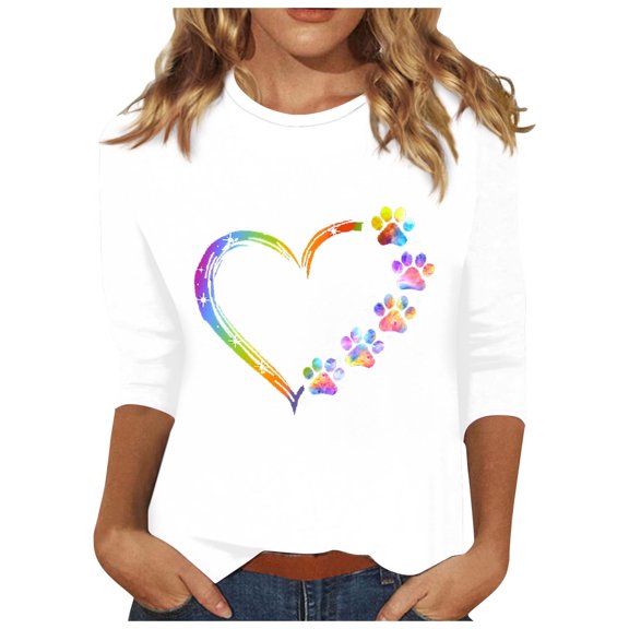 ICHUANYI Women's Trendy Print T-shirt 3/4 Sleeves Blouse Round Neck Casual Tops