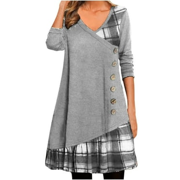 ICHUANYI Womens Fashion Crew Neck Solid Dress Pockets Button Long ...