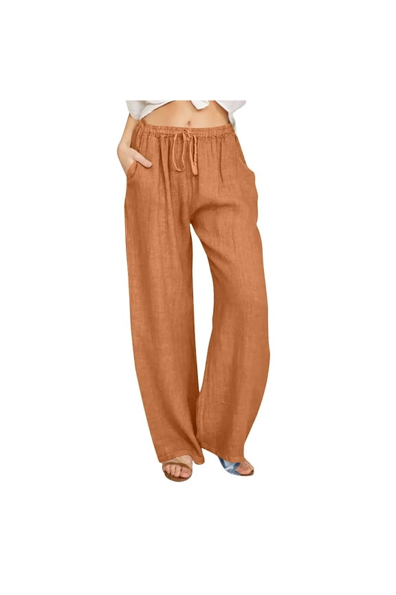 ICHUANYI Women's Trousers Solid Drawstring Waist Casual Long Pants With Pocket