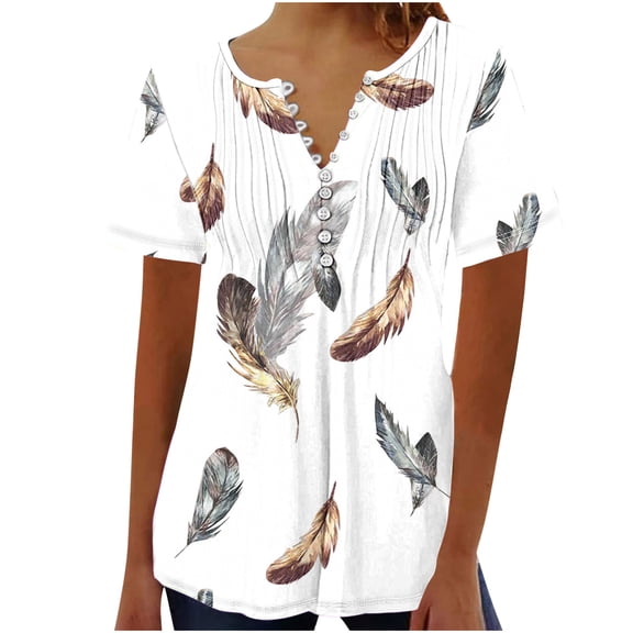 ICHUANYI Women's V-Neck Casual Short Sleeve Print Buttoned Basic Ruched Corset Tunic Tops Pleated T-shirt Blouses