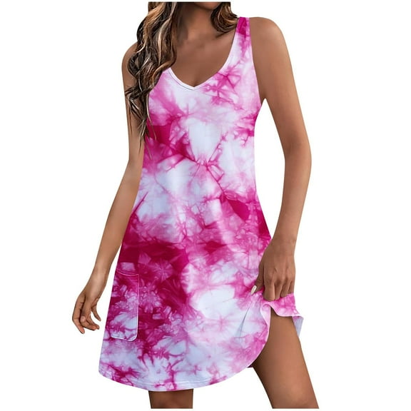 ICHUANYI Women's V Neck Sleeveless Loose Tank Dresses T-Shirts Dress Casual Summer Boho Beach Dress With Pockets