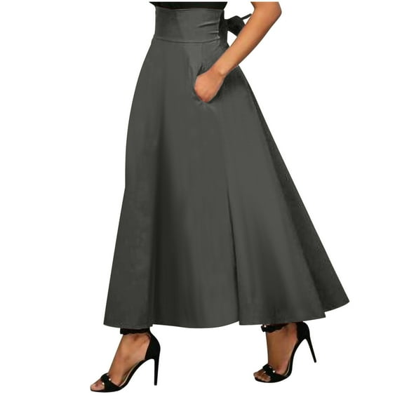 ICHUANYI Women's Vintage Solid Color Stretch High Waist A-Line Flared Skirts