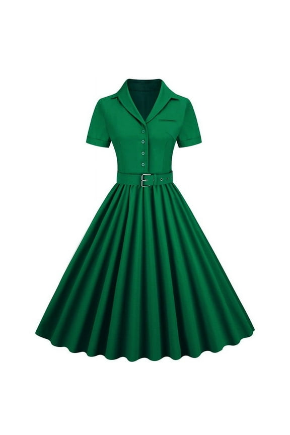 ICHUANYI Women's Vintage Tea Dress, Short Sleeve V Neck Party Dress Work Church Casual Dress