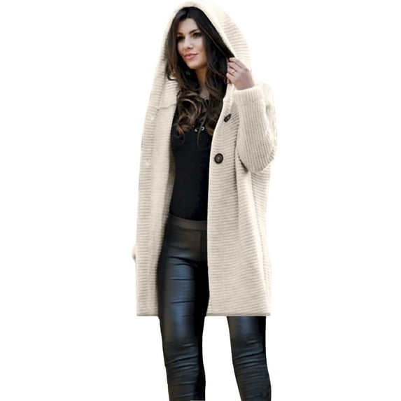ICHUANYI Women's Winter Jackets Stylish Long Sleeve Solid Color Coat Loose Long Cardigan Hooded Outwear 2023 Flash Deals