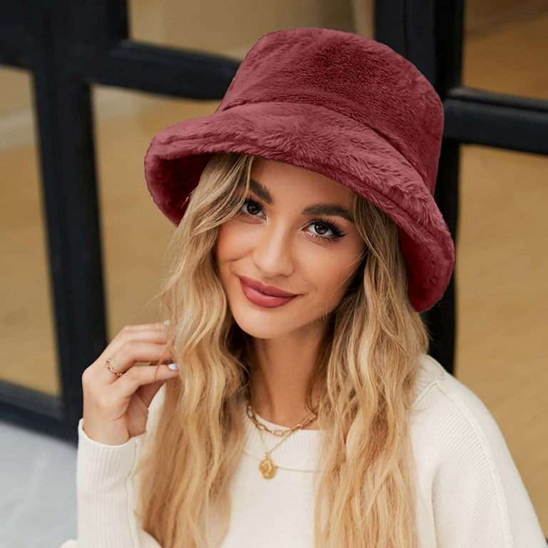 ICHUANYI Womens Bucket Hat Fuzzy Solid Fall Winter Warm Fishing 