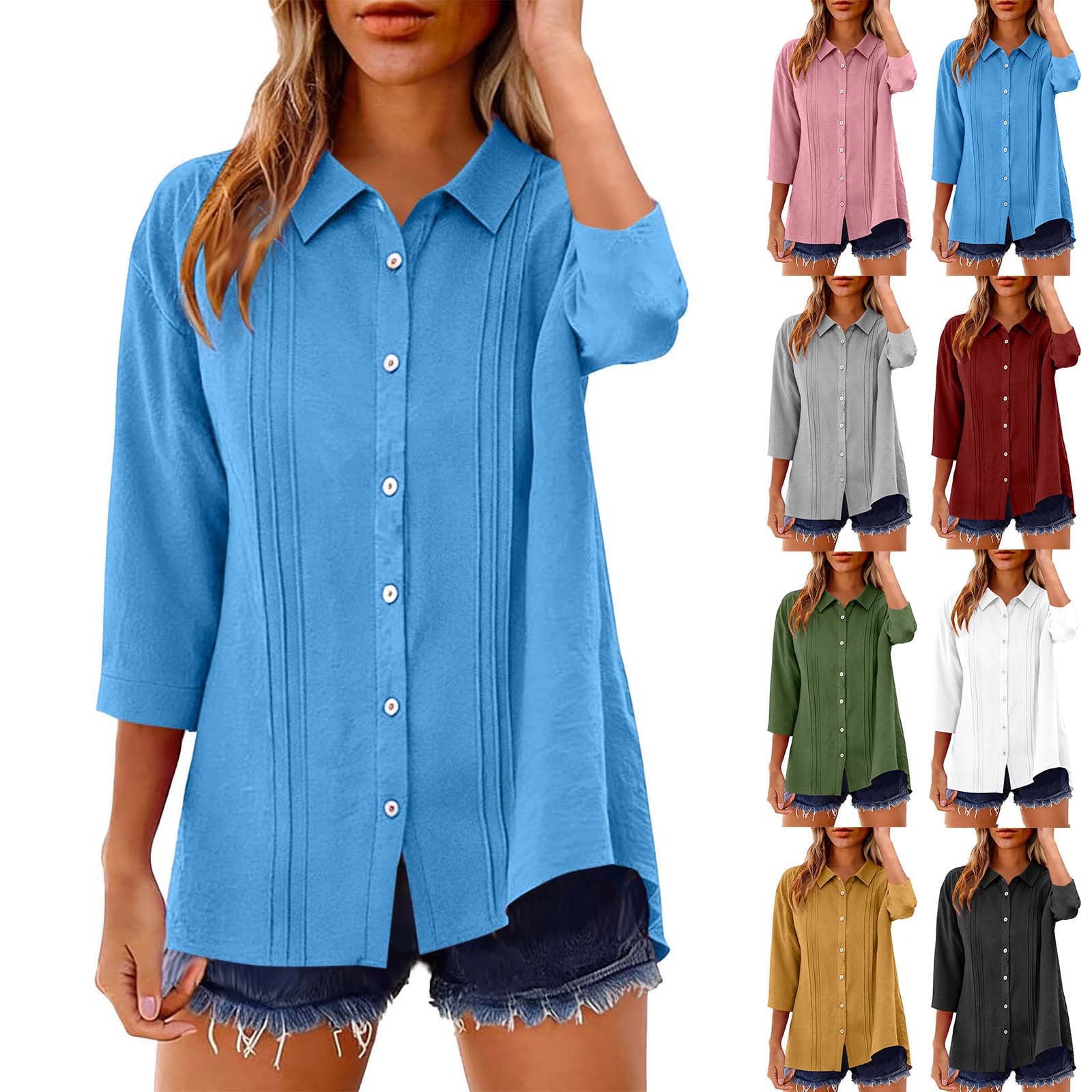 ICHUANYI Womens Button Down Shirts V Neck Rolled Up Quarter Sleeve Tops ...