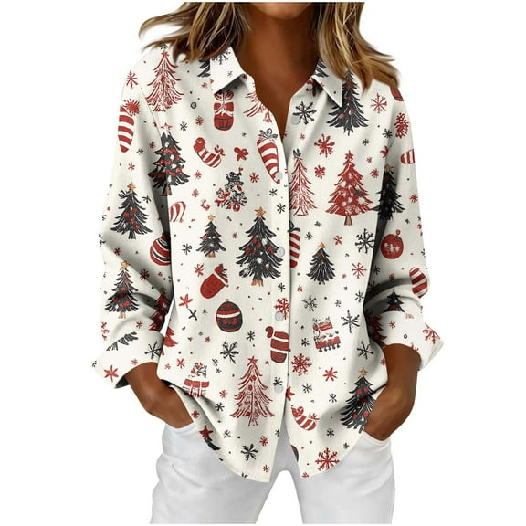ICHUANYI Womens Button Down Shirts Women Print Long Sleeve Single Breasted Pocket Casual Shirt