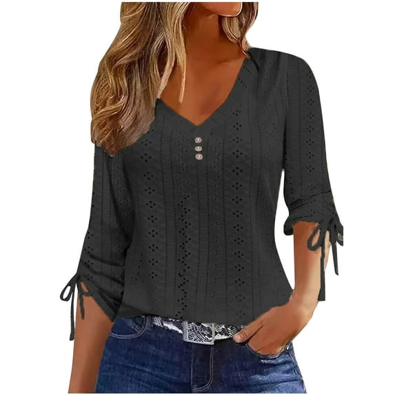 ICHUANYI Womens Buttons Shirt Classic Long Sleeve V Neck Solid T Shirts Casual Tops Fall Winter 2023 Clothing