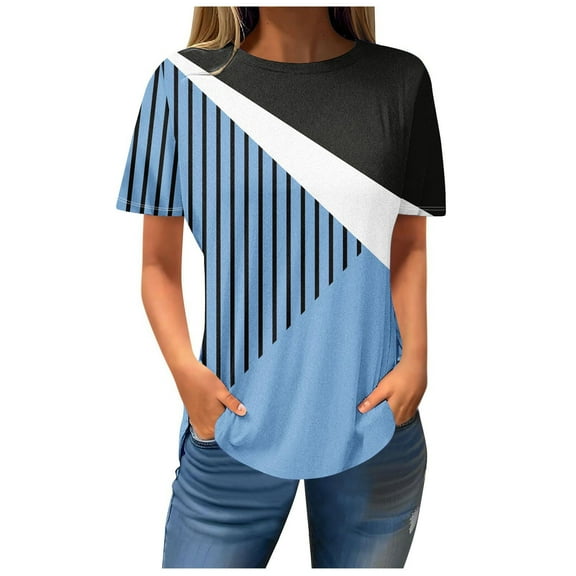 ICHUANYI Womens Casual Colorblock Print Short Sleeve Crew Neck Shirts T-shirt Tops Fashion Clothing