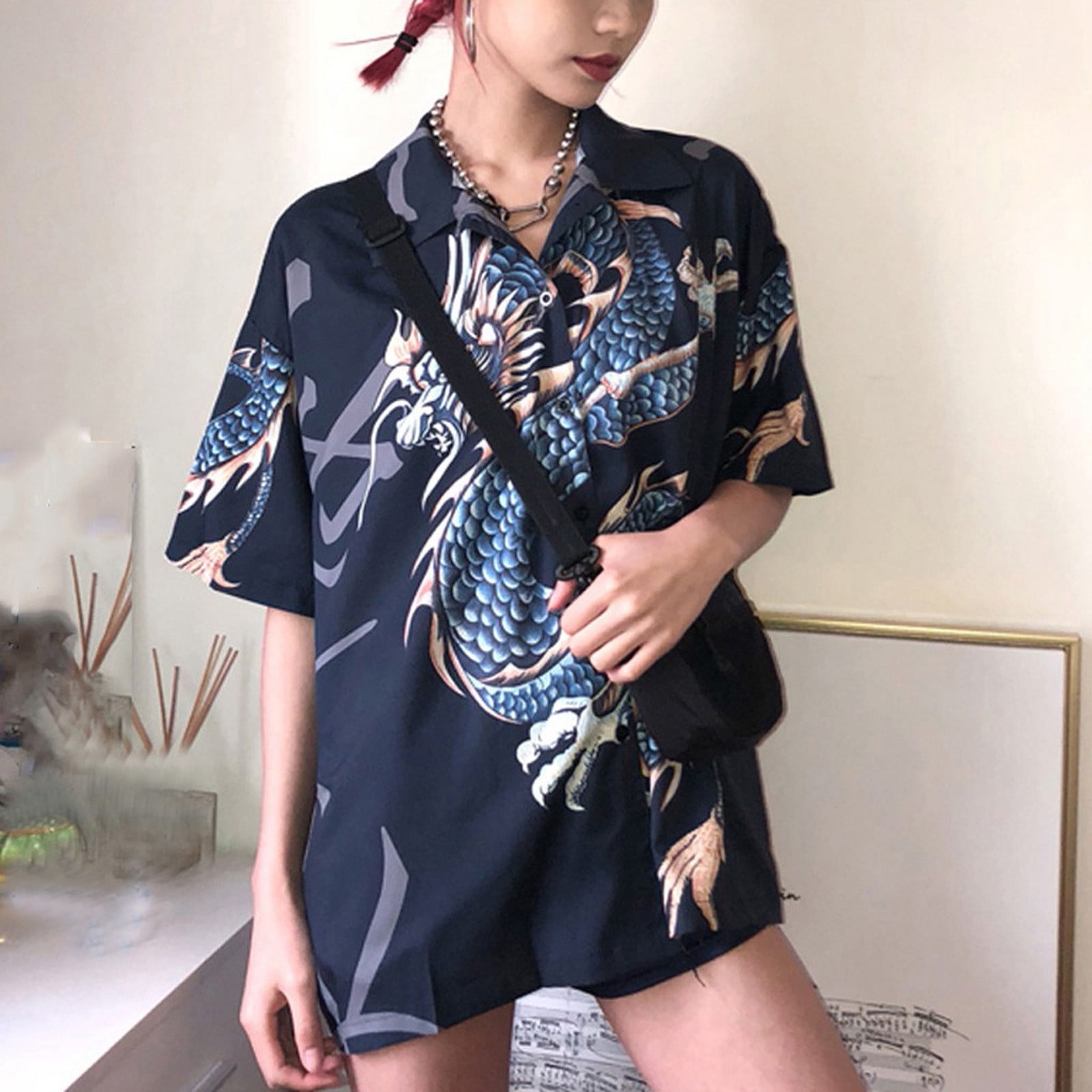 ICHUANYI Womens Casual Dragon Print Shirts Button Down Lapel Short ...